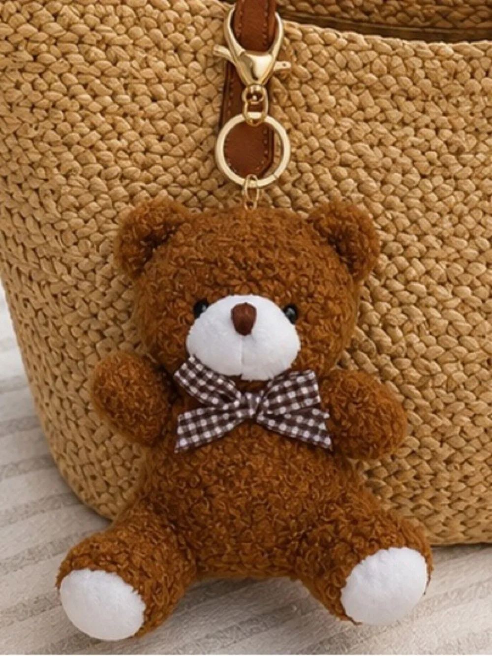 Teddy Bear Plush Bag Charm & Keychain | Brown Gingham Bow | 5” NWT 🧸✨